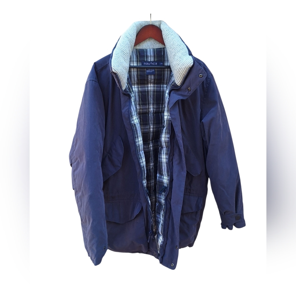 Vintage 90s Nautica Down Field Jacket Mock Neck Heavyweight Plaid Parka Men L